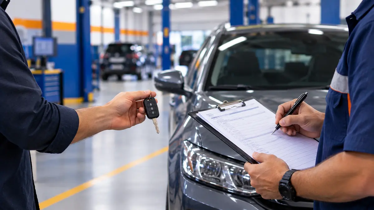 Mão entrega a chave de um carro ao lado do vistoriador que preenche o laudo de vistoria em uma oficina