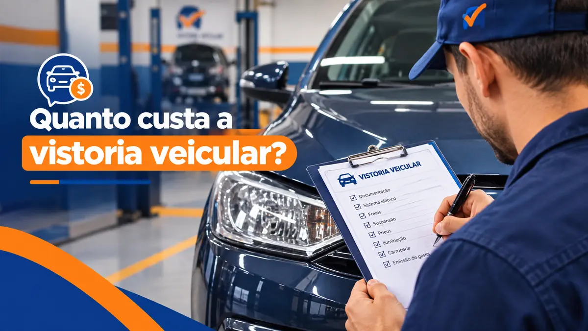 Vistoriador confere a ficha de vistoria veicular ao lado de um carro azul, sob a pergunta quanto custa a vistoria veicular