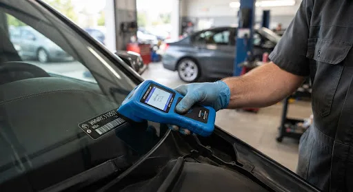 Perito segurando dispositivo digital para escanear o número do chassi de um veículo em uma oficina